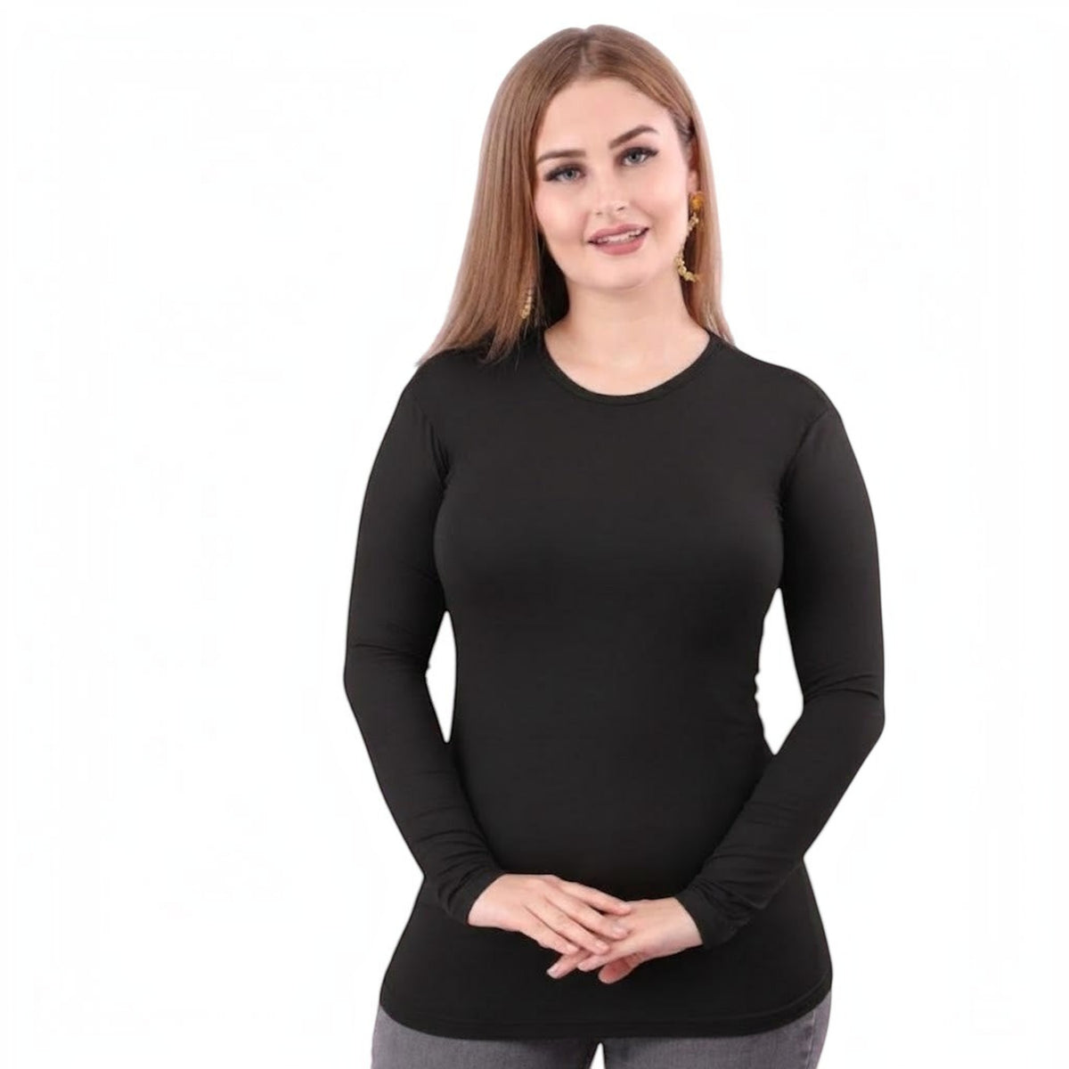 بدى نسائي أسود بأكمام طويلة من Rody مصنوع من قطن بيور ليكرا مريح بتصميم دوران كلاسيكي