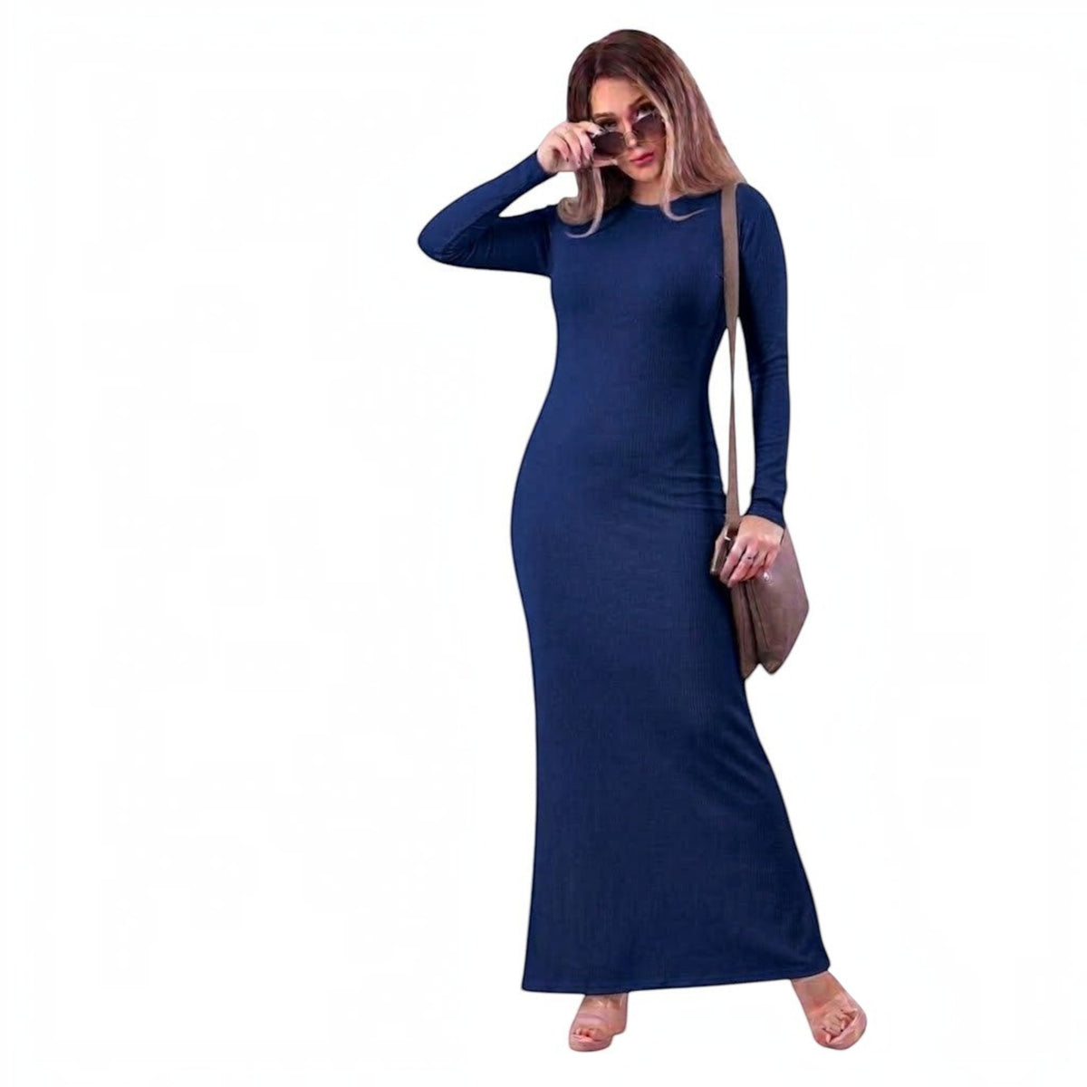 فستان بيسك طويل من Rody باللون الكحلي مصنوع من قطن ليكرا ناعم بأكمام طويلة وتصميم مريح